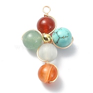 Mixed Gemstone Round Copper Wire Wrapped Pendants, Cross Charms, with Golden Plated Brass Beads, 35x25x9.5mm, Hole: 2.5mm(PALLOY-TA00042)