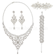 Crystal Rhinestone Wedding Jewelry Set, Alloy Flower Bib Necklaces & Dangle Stud Earrings & Chain Bracelet, Silver, 72x22.5mm, 18.5inch (470mm), 7-1/2 inch(19cm)(SJEW-GO0001-02)