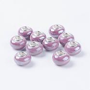 Handmade Porcelain European Beads, with Silver Color Brass Double Cores, Rondelle, Purple, 15x10~11mm, Hole: 5mm(OPDL-G001-6)