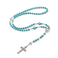 Natural Lava Rock & Synthetic Turquoise Rosary Bead Necklace, Alloy Cross with Virgin Mary Pendant Necklace for Women, Dark Turquoise, 24.80 inch(63cm)(NJEW-JN04237-01)