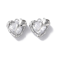 Glass Charms, with Brass Findings, Heart with Rose Charm, Real Platinum Plated, 12.5x12.5x7mm, Hole: 1.4mm(KK-F867-21P)