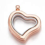 Alloy Magnetic Locket Pendants, with Glass, Heart, Rose Gold, 33x29x6.5mm, Hole: 3mm, Inner Measure: 16x20mm(PALLOY-T052-13RG)