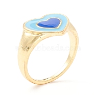 Heart Enamel Finger Ring for Girl Women, Cadmium Free & Lead Free, Light Gold, Sky Blue, US Size 8 1/2(18.5mm)(RJEW-Z010-01LG-RS)