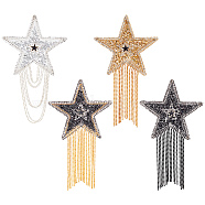 4 Pcs 4 Style Sparkling Rhinestone Iron on Patches, Appliques, with Iron Ball Chain Tassels, Costume Accessories, for Clothes, Bag, Pants, Shoes, Cellphone Case, Star, Mixed Color, 84~87x148~155x2mm, 1pc/style(DIY-GF0005-21)