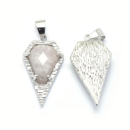 Natural Rose Quartz Pendants, with Brass Findings, Diamond, Faceted, Platinum, 28x15x5.5mm, Hole: 4mm(G-O176A-12P)