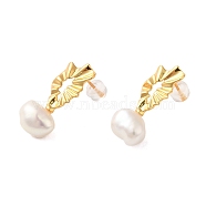 Sterling Silver Studs Earrings, with Natural Pearl, Jewely for Women, Flower, Real 18K Gold Plated, 24.5x11mm(EJEW-K273-23G)
