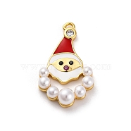 Santa Claus Brass Micro Pave Cubic Zirconia with Enamel Pendants, with Imitation Pearls, Lead Free & Cadmium Free Charms, Real 18K Gold Plated, 23x13x5mm, Hole: 1.2mm(KK-Q010-02G)