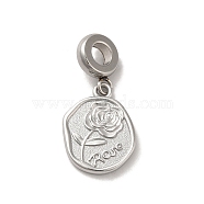 304 Stainless Steel European Dangle Charms, Large Hole Pendants, Oval with Rose Pattern, Stainless Steel Color, 28mm, Pendant: 18.5x13.5x2mm, Hole: 4.5mm(STAS-G308-11P)