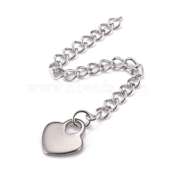 304 Stainless Steel Chain Extender, Curb Chain, with 202 Stainless Steel Charms, Heart, Stainless Steel Color, 59~65mm, Link: 3.7x3x0.5mm, Heart: 9.8x11x1mm(STAS-F268-58P)