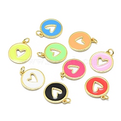 Brass Enamel Pendants, Round with Cut Out Heart, Real 18K Gold Plated, Long-Lasting Plated, Mixed Color, 18x15.5x1mm, Hole: 3mm, Jump rings: 5x0.7mm(KK-M207-D02)