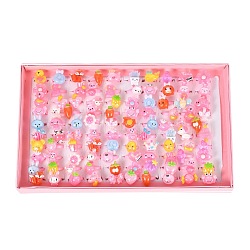 Cute Children's Day Jewelry Plastic Kids Rings for Girls, with Mixed Style Resin Cabochons, Mixed Color, US Size 3(14mm), 100pcs/box(RJEW-S016-M2)
