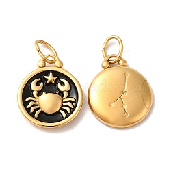 Ion Plating(IP) 304 Stainless Steel Enamel Pendants, with Jump Ring, Flat Round with Constellation, Golden, Cancer, 20.5x17x2.5~3.5mm, Hole: 4x6mm(STAS-A080-43G-09)