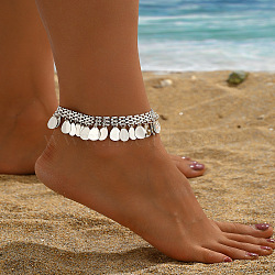 Bohemian Brass Teardrop Tassel Anklets for Women, Platinum, 8-1/4 inch(210mm)(FS-WGD2946-02)