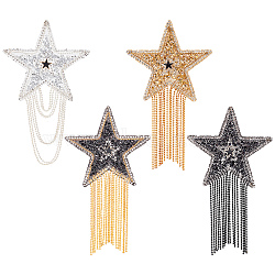 4 Pcs 4 Style Sparkling Rhinestone Iron on Patches, Appliques, with Iron Ball Chain Tassels, Costume Accessories, for Clothes, Bag, Pants, Shoes, Cellphone Case, Star, Mixed Color, 84~87x148~155x2mm, 1pc/style(DIY-GF0005-21)