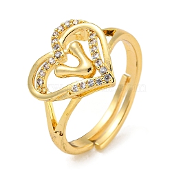 Heart with Letter Rack Plating Brass Micro Pave Clear Cubic Zirconia Adjustable Rings for Women, Lead Free & Cadmium Free, Real 18K Gold Plated, Letter V, Inner Diameter: 16mm(RJEW-I105-01G-V)