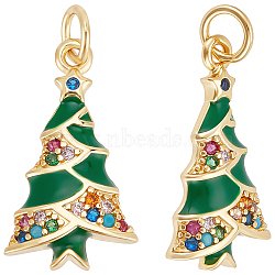 Brass Micro Pave Colorful Grade AAA Cubic Zirconia Pendants, with Enamel and Jump Ring, Long-Lasting Plated, Cadmium Free & Lead Free, Christmas Tree, 20x11.5x3mm, Hole: 3mm, 10pcs(KK-BBC0015-36A)