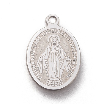 304 Stainless Steel Charms, Laser Cut, Oval, Miraculous Medal, Stainless Steel Color, 18.5x12.5x0.5mm, Hole: 1.4mm