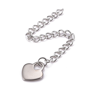 304 Stainless Steel Chain Extender, Curb Chain, with 202 Stainless Steel Charms, Heart, Stainless Steel Color, 59~65mm, Link: 3.7x3x0.5mm, Heart: 9.8x11x1mm