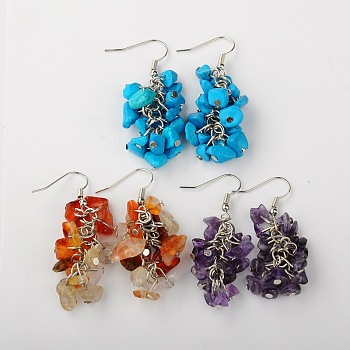 Fashionable Gemstone Chips Earrings, with Brass Earring Hooks, Platinum, Natural & Synthetic Mixed Stone, 50mm, Pin: 0.7mm