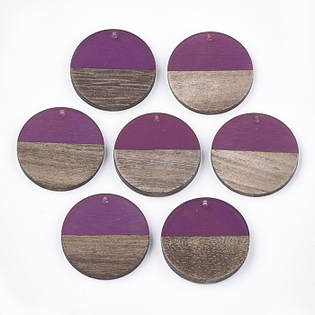 Resin & Wood Pendants, Flat Round, Medium Violet Red, 28.5x3.5~4mm, Hole: 1.5mm
