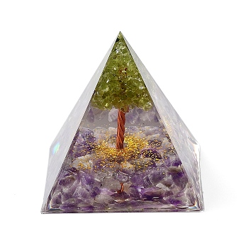 Orgonite Pyramid Resin Energy Generators, Reiki Natural Amethyst Chips & Wire Wrapped Natural Peridot Tree of Life Inside for Home Office Desk Decoration, 59.5x59.5x59.5mm