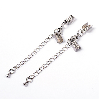Chain Extender, with Platinum Brass Clasp & Clip Ends, Lobster Claw Clasp and Cord Crimp, Nickel Free, Size: Clasp: 12x7.5x3mm, Cord Crimp: 5x13mm, Chain: 50mm long, 3.5mm wide, Hole: 1.5mm
