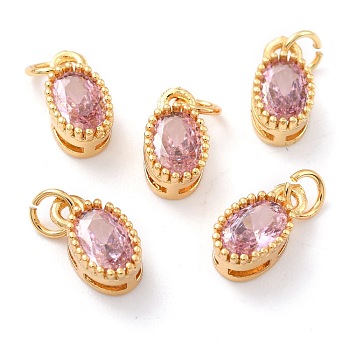 Real 18K Gold Plated Brass Inlaid Cubic Zirconia Charms, with Jump Ring, Long-Lasting Plated, Oval, Pink, 9.5x5x4mm, Jump Ring: 4x0.5mm, 2.5mm Inner Diameter