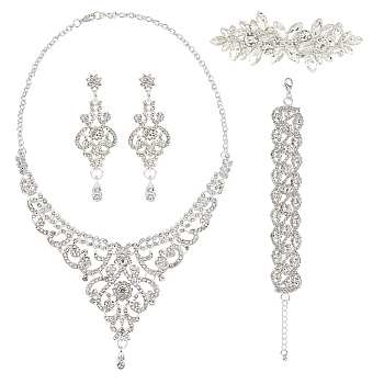 Crystal Rhinestone Wedding Jewelry Set, Alloy Flower Bib Necklaces & Dangle Stud Earrings & Chain Bracelet, Silver, 72x22.5mm, 18.5inch (470mm), 7-1/2 inch(19cm)
