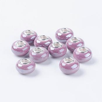 Handmade Porcelain European Beads, with Silver Color Brass Double Cores, Rondelle, Purple, 15x10~11mm, Hole: 5mm