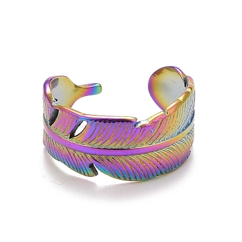 Rainbow Color Ion Plating(IP) 304 Stainless Steel Feather Wrap Open Cuff Ring for Women, US Size 8 1/2(18.5mm)