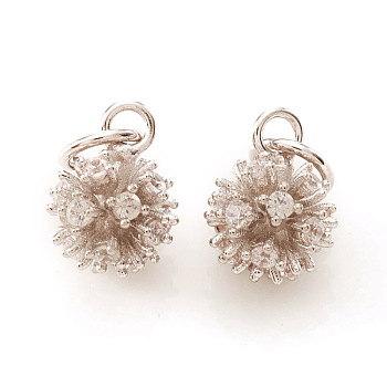 Brass Micro Pave Cubic Zirconia Charms, with Jump Rings, Flower, Clear, Platinum, 9.5x7mm, Jump Ring: 5x0.7mm, Hole: 3.5mm