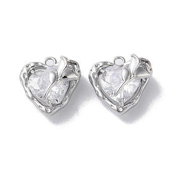Glass Charms, with Brass Findings, Heart with Rose Charm, Real Platinum Plated, 12.5x12.5x7mm, Hole: 1.4mm