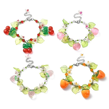 Glass & Resin & Acrylic Flower Charm Bracelet, 304 Stainless Steel Jewelry, Mixed Shapes, 7-1/4 inch(18.5cm)