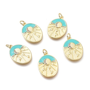 Brass Micro Pave Clear Cubic Zirconia Pendants, with Enamel and Jump Rings, Long-Lasting Plated, Oval with Sun & Star, Cyan, Golden, 22x15.5x2mm, Hole: 3mm