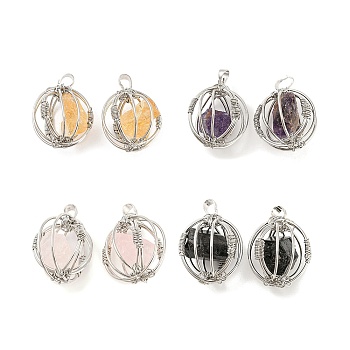 Natural Mixed Stone Pendants, Ball Charms with Rack Plating Platinum Plated Brass Findings, Lead Free & Cadmium Free, 32.5~33.5x28.5~30.5x24~26.5mm, Hole: 8.5x5mm