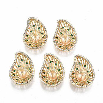 Hollow Brass Micro Pave Green & Clear Cubic Zirconia Peg Bails Pendants, for Half Drilled Bead, Nickel Free, Teardrop, Real 18K Gold Plated, 24.5x17x7mm, Hole: 3x2mm, Pin: 0.7mm