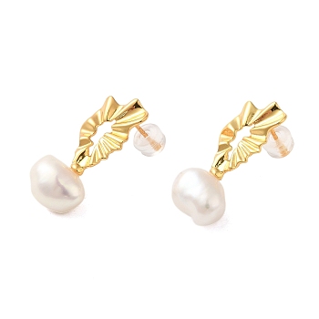 Sterling Silver Studs Earrings, with Natural Pearl, Jewely for Women, Flower, Real 18K Gold Plated, 24.5x11mm