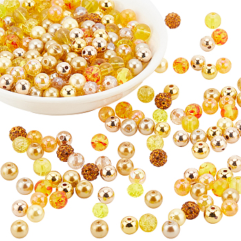 WADORN DIY Round Beads Jewelry Making Finding Kit, Including Acrylic & Glass & Polymer Clay Rhinestone & Natural Shell & Plastic & Resin & Synthetic Hematite Beads, Goldenrod, 7.5~8x7.5~8mm, Hole: 1.3~2mm, 300Pcs/box