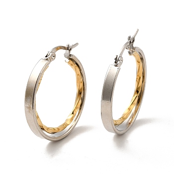 Two Tone 304 Stainless Steel Double Ring Hoop Earrings for Women, Golden & Stainless Steel Color, 29x27x3.5mm, Pin: 1x0.6mm