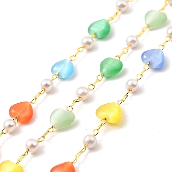 Colorful Cat Eye Heart & Glass Pearl Beaded Chain, with Brass Findings, Unwelded, with Spool, Lead Free & Cadmium Free, Real 18K Gold Plated, 9x6x3mm, 5x3mm