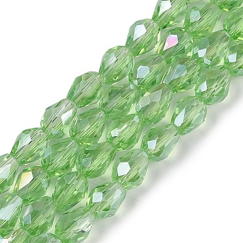 Transparent Electroplate Glass Beads Strands, AB Color Plated, Faceted, Teardrop, Light Green, 5~6x4mm, Hole: 0.9mm, about 65~67pcs/strand, 15.35~16.4''(39~41cm)