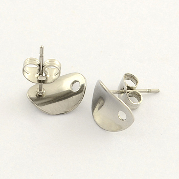304 Stainless Steel Oval Stud Earring Findings, with Loop, Stainless Steel Color, 11x8.5mm, Hole: 1.5mm, pin: 0.8mm