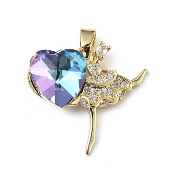 Real 18K Gold Plated Rack Plating Brass Micro Pave Clear Cubic Zirconia Pendants, with Glass, Long-Lasting Plated, Cadmium Free & Lead Free, Dancer with Heart Charm, Alice Blue, 23x24.5x8.2mm, Hole: 5x3.2mm