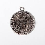 Tibetan Style Alloy Pendant, Flat round, Antique Silver, Lead Free & Cadmium Free, 32x27x1.5mm, Hole: 2mm(X-LF9447Y)