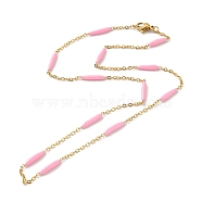 Enamel Bar Link Chain Necklace, with Ion Plating(IP) 304 Stainless Steel Curb Chains for Women, Golden, Pink, 17.72 inch(45cm)(STAS-B025-02G-01)