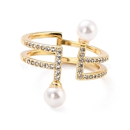 Double Line Cubic Zirconia Cuff Ring for Women, Real 18K Gold Plated Brass Wide Band Open Ring with Imitation Pearl, Cadmium Free & Lead Free, Clear, US Size 6 1/2(16.9mm)(RJEW-C004-13-RS)