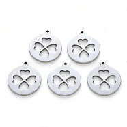 201 Stainless Steel Pendants, Laser Cut, Flat Round with Clovers, Stainless Steel Color, 18x15.5x1mm, Hole: 1.2mm(STAS-N092-12)