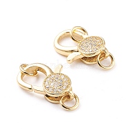 Brass Micro Pave Clear Cubic Zirconia Lobster Claw Clasp, with Jump Rings, Long-Lasting Plated, Real 18K Gold Plated, 20x13x5mm, Hole: 4mm(ZIRC-I043-30A-G-02)