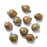 Natural Unakite Pendants, with Platinum Brass Loops, Heart, 18~19x15~15.5x6~8mm, Hole: 6x2.5~3mm(G-I311-A29)