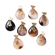 Ntuarl Agate Pendants, with Ion Plating(IP) 304 Stainless Steel Findings, Teardrop with Bees & Leaf, Real 18K Gold Plated, 36x25x6mm, Hole: 3mm(G-F723-02G)